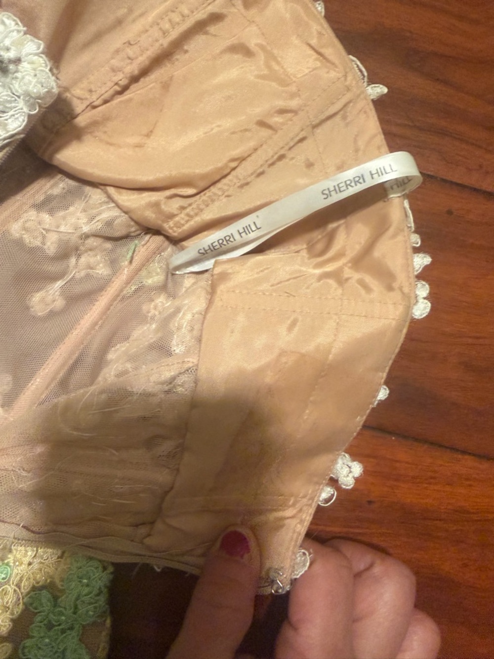 Sherri Hill Strapless Floral Appliqué Cocktail Dress in Blush, Yellow & Mint - Picture 14 of 15